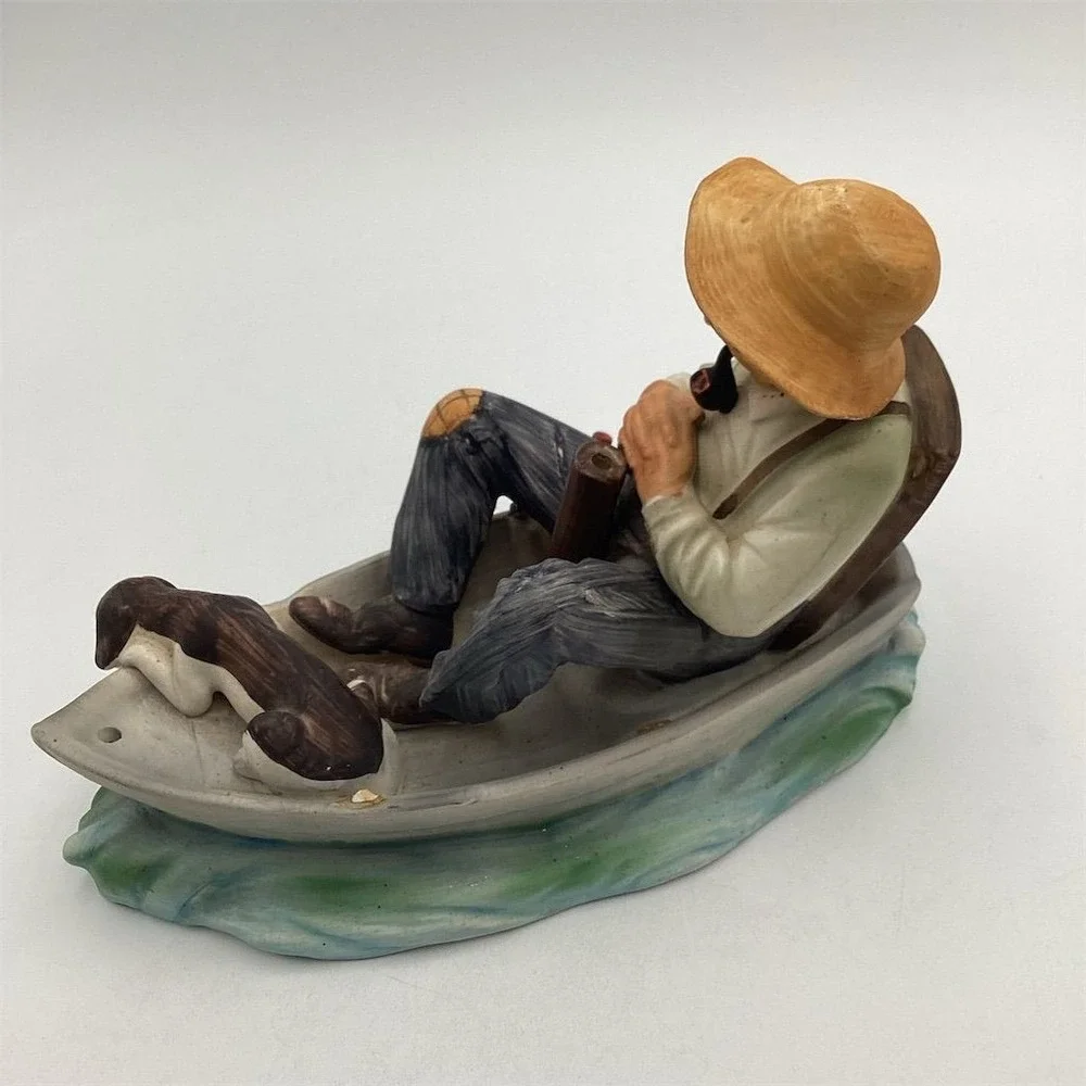 Vintage Ceramic Sleeping‎ Fisherman with Dog Figurine Nautical Decor